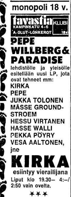 Tavastian keikkailmoitus 24.5.1972